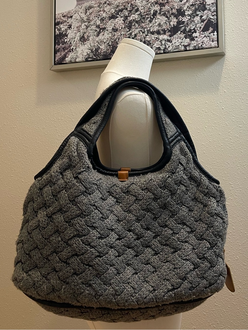 Vintage UGG Australia Grey Cable Knit & Leather Slouchy Hobo Bag Handbag